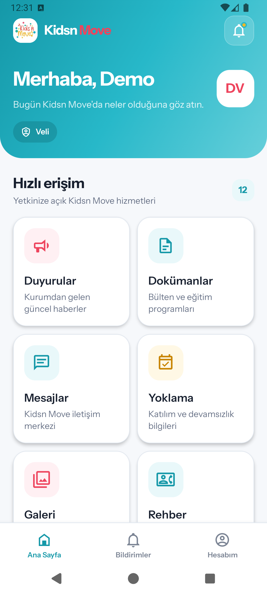 Kids'n Move uygulamasının gerçek ana ekranı